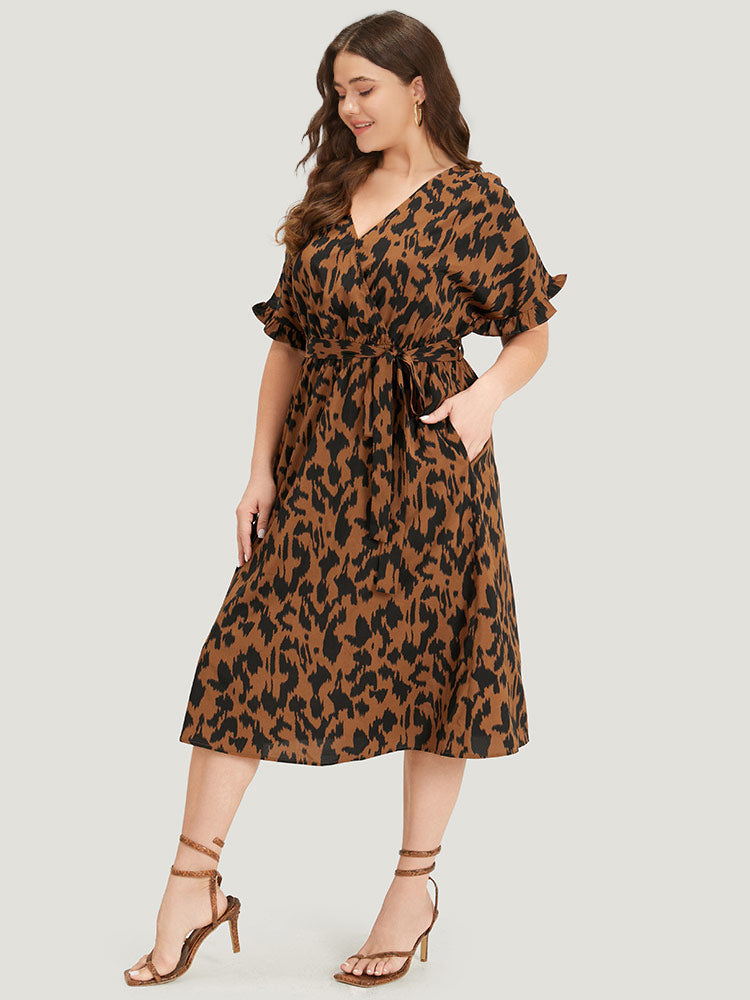 Brush Print Ruffles Wrap Belted Pocket Dress