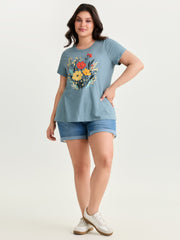 Floral Print Round Neck Textured T-Shirt