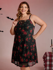 Midnight Rose Print Neck-Ties Cami Nightgown