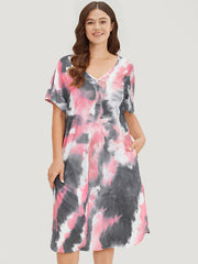Tie Dye Pocket V Neck Dolman Sleeve Dress