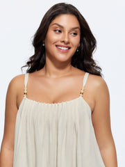Linen Blend Beaded Pleated Flowy Plain Tank Top