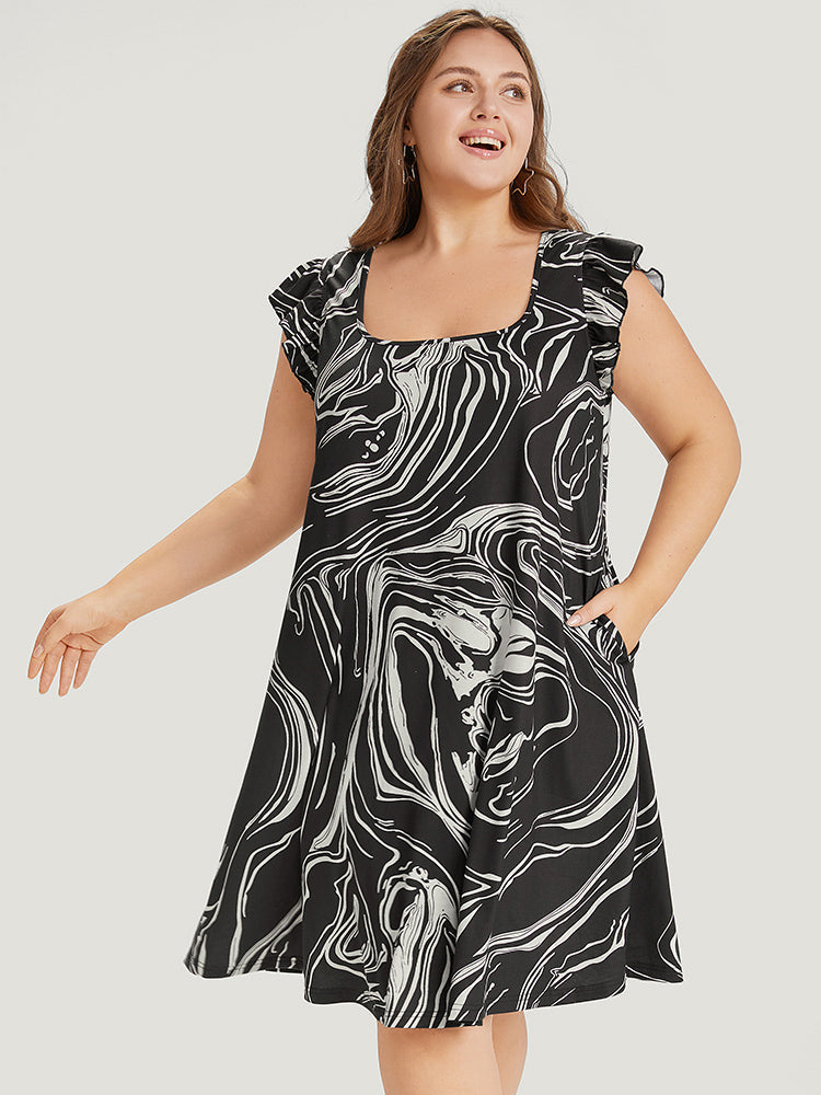 Marble Pocket Ruffle Cap Sleeve Square Neck Dress