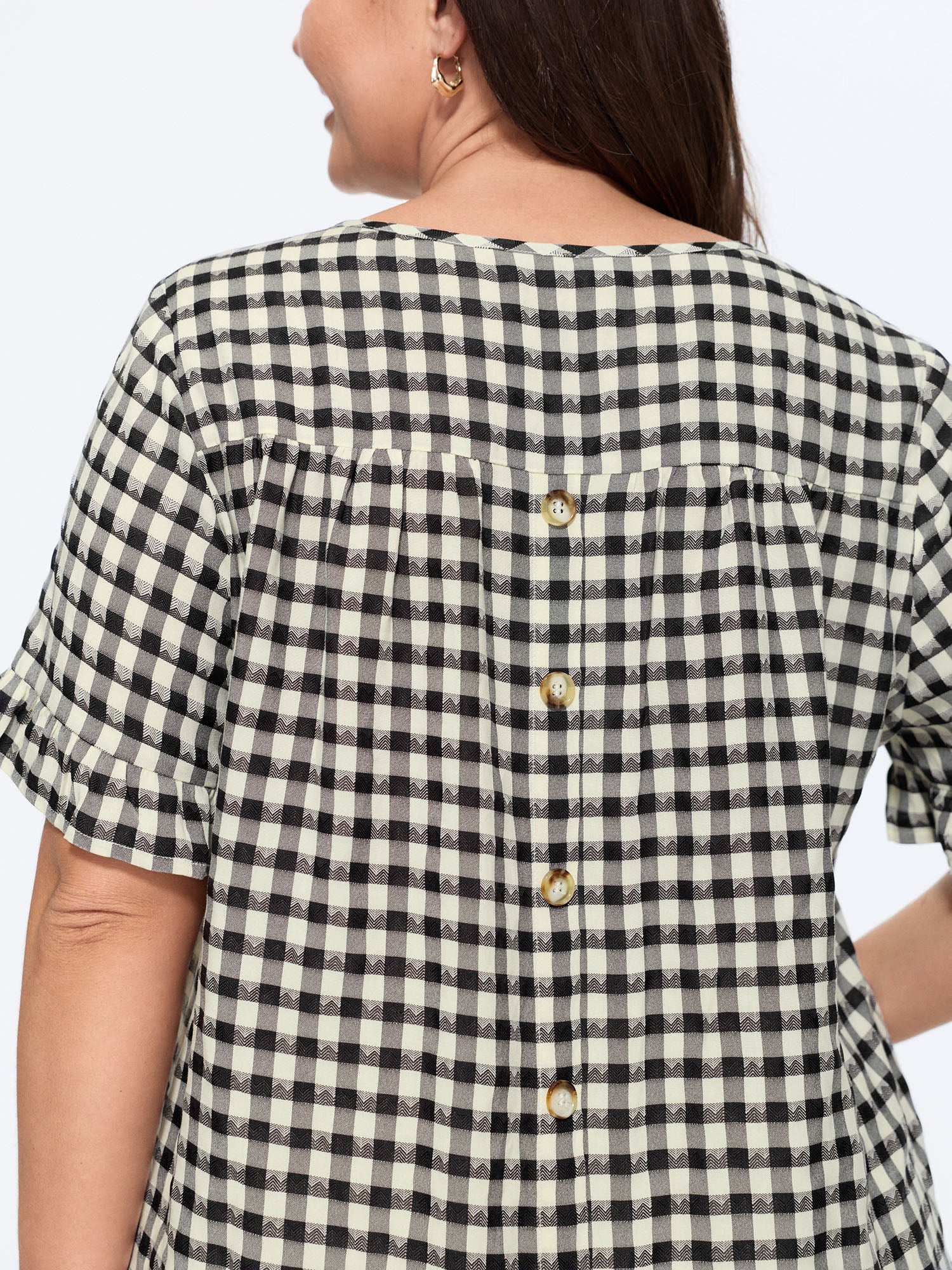 Gingham Print Ruffled Detail Arc Hem Blouse