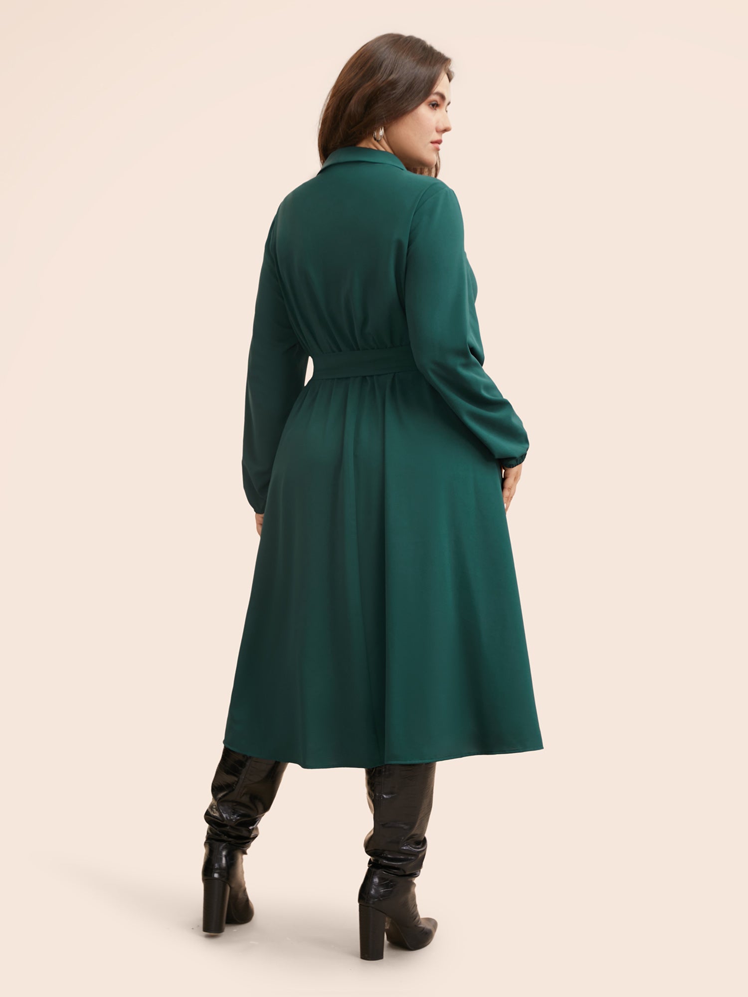 Suit Collar Pleated Belted Midi Dress