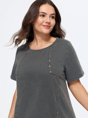 Beadwork Split Hem Plain T-Shirt