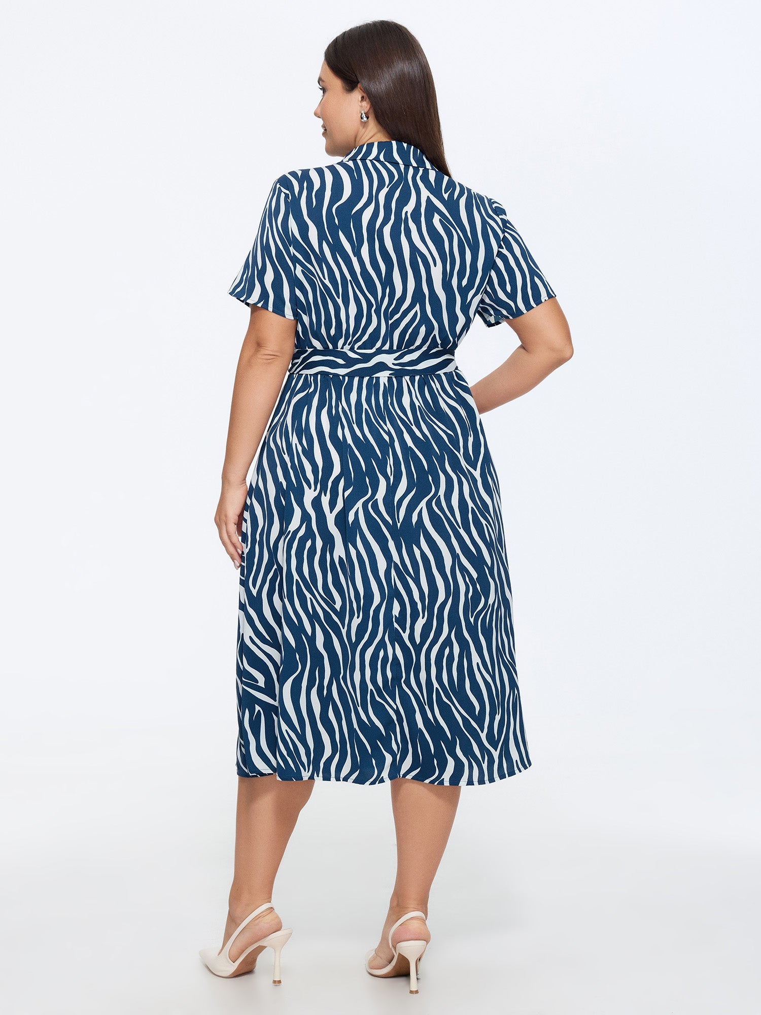 Zebra Print Waist-Tie Midi Shirt Dress