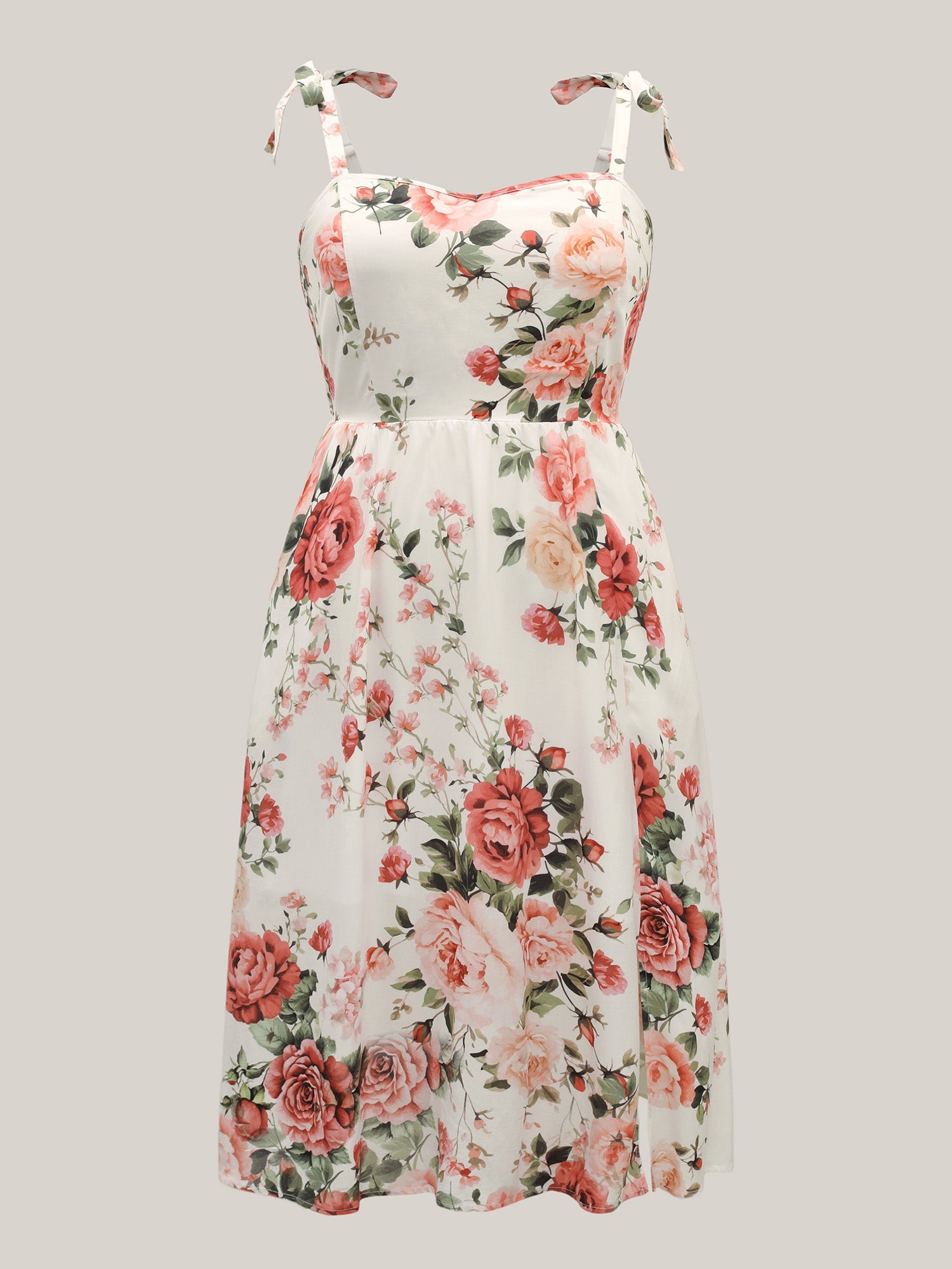 Rosy Print Bow Strap Pockets Midi Dress