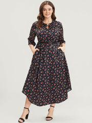 Ditsy Floral Frill Trim Tie Neck Pocket Arc Hem Dress