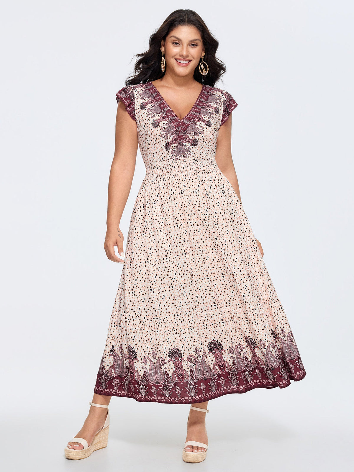 Floral Print Color Contrast V-Neck Midi Dress