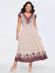 Floral Print Color Contrast V-Neck Midi Dress