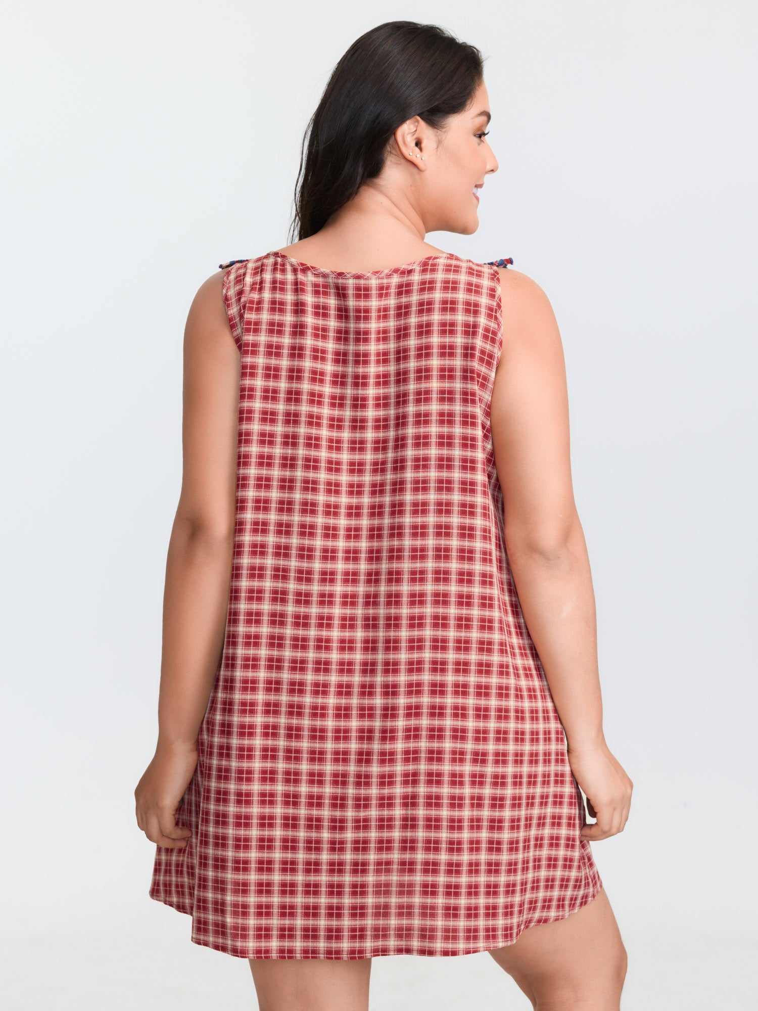Gingham Print Embroidered Neckline Flowy Nightgown