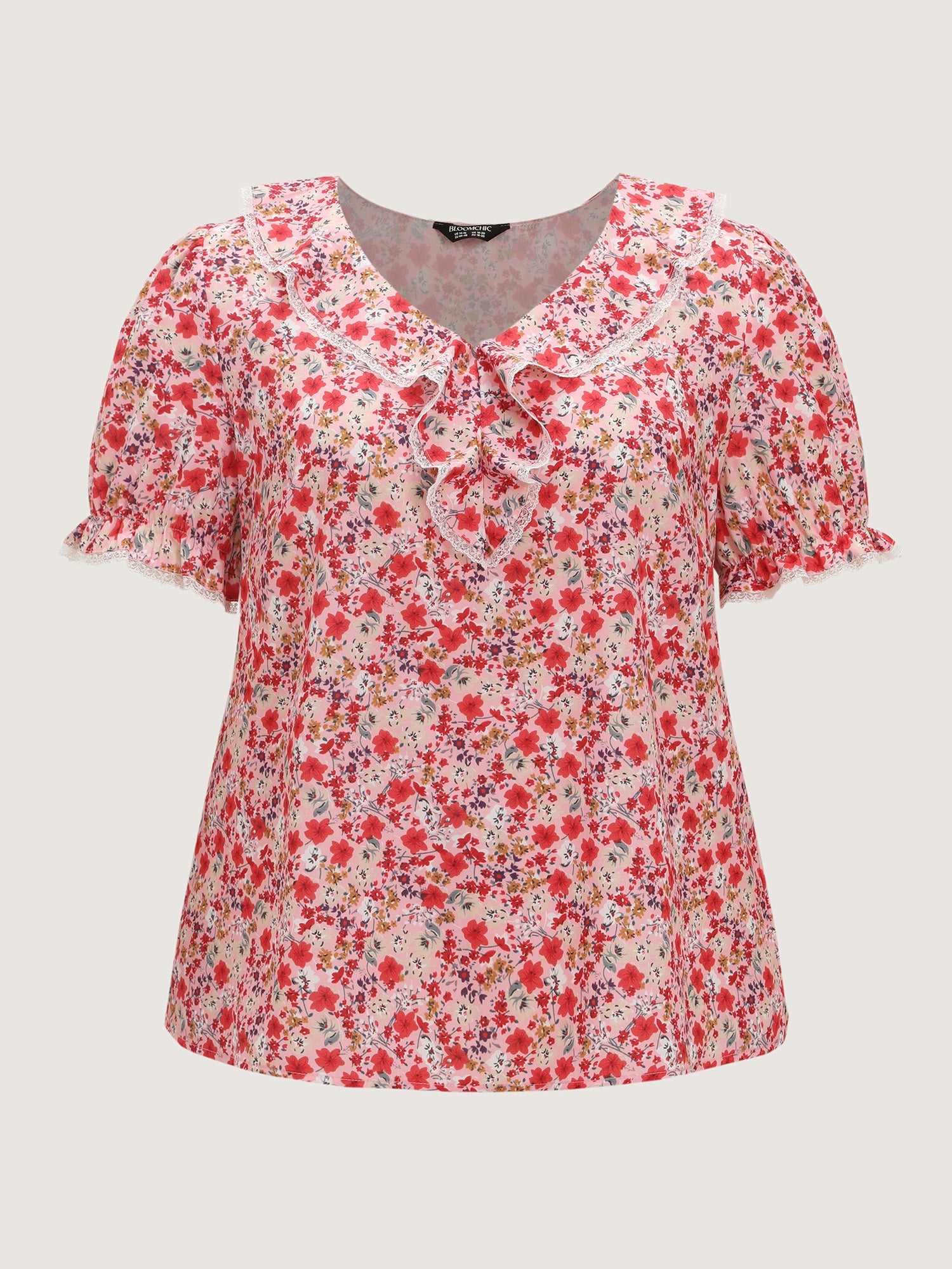 Sweet Floral Print Lettuce Leaf Detail Blouse