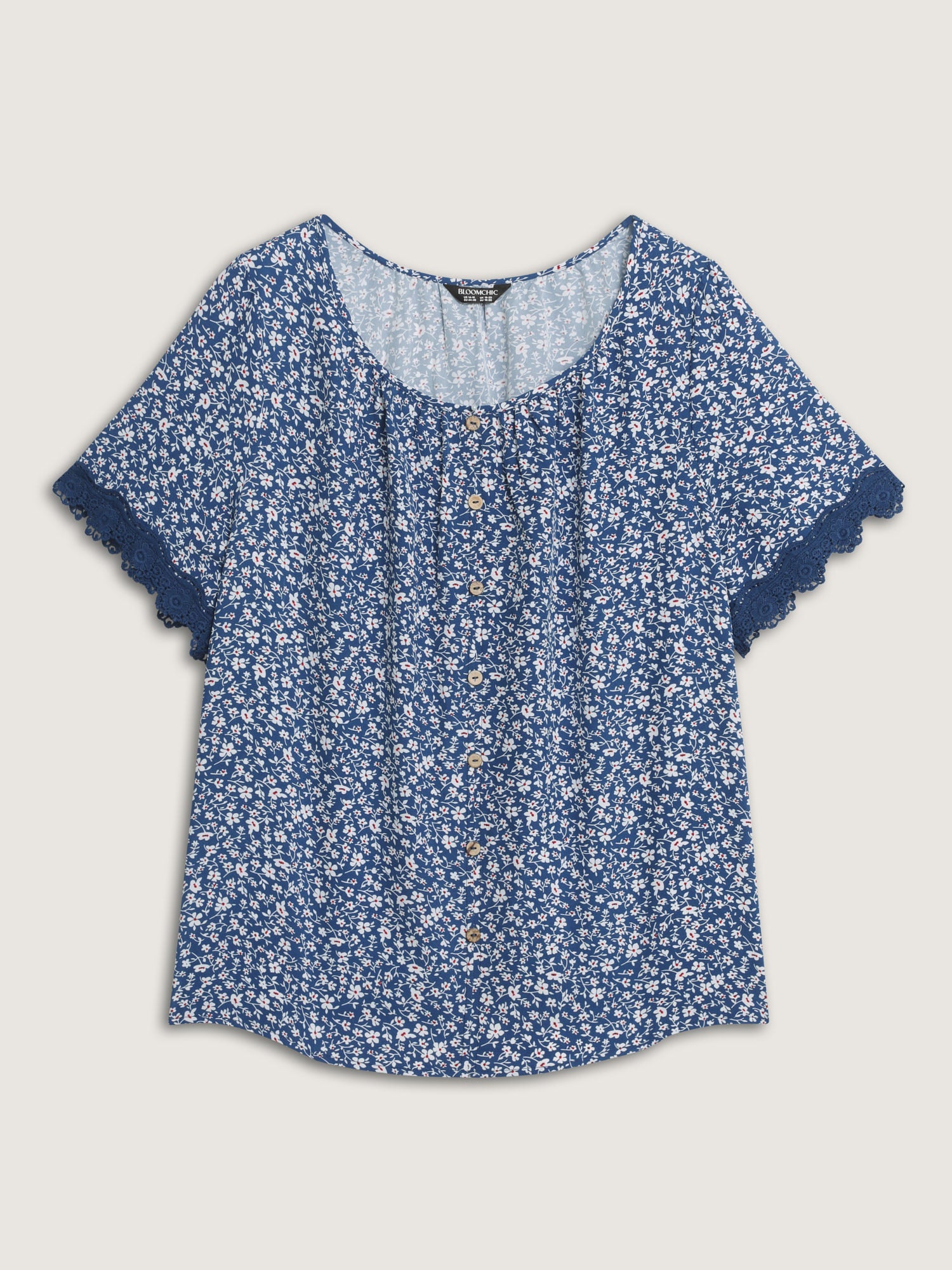 Floral Print Buttons Lace Sleeve Blouse