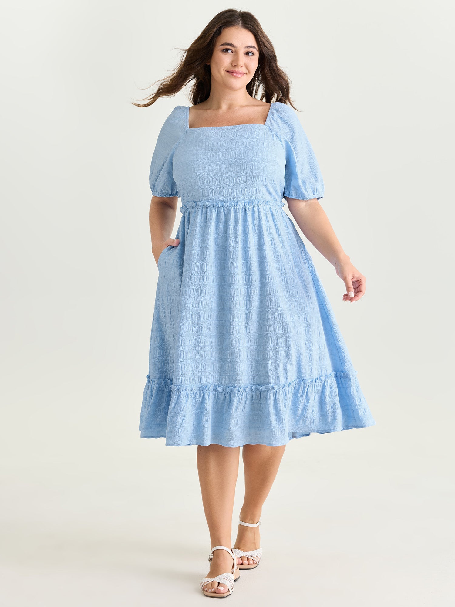 Shirred Open Back Ruffled Hem Midi Dress