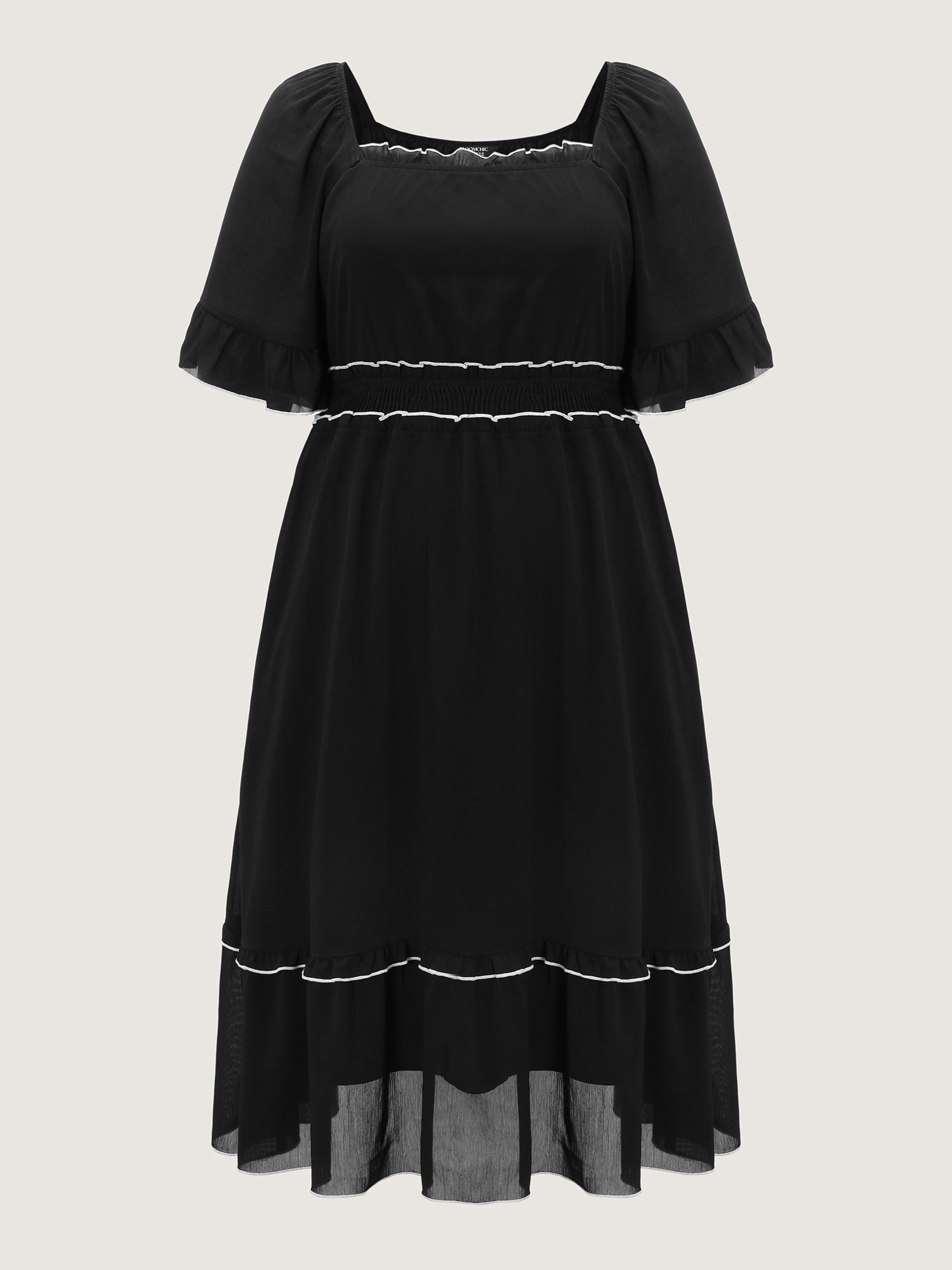 Ruffled Neckline Color Contrast Midi Dress
