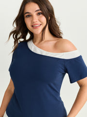 Cotton Stretchy Color Contrast One-Shoulder T-Shirt