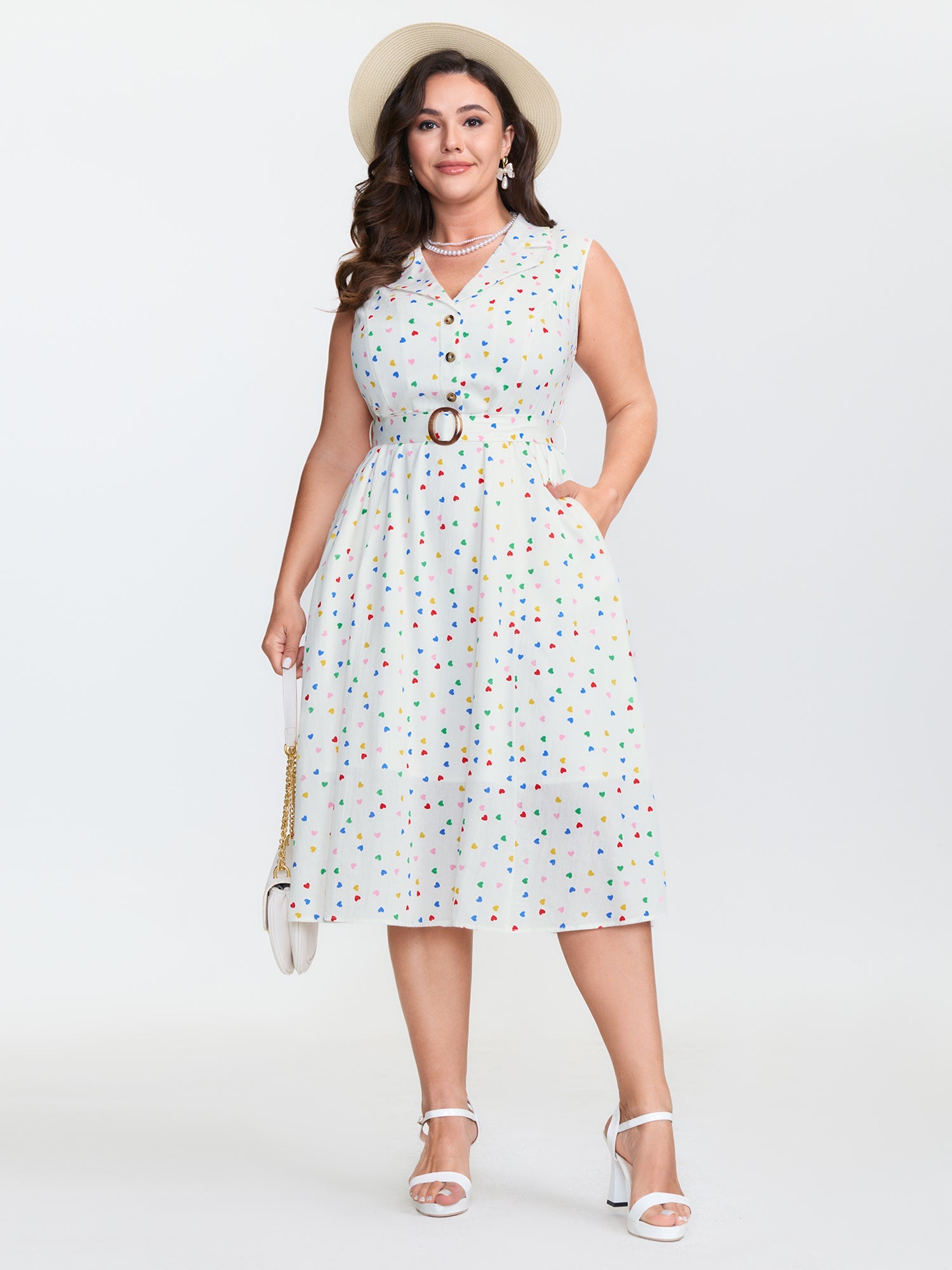 Cotton Colorful Heart Print Belted Midi Dress