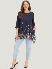 Floral Print Crew Neck Asymmetrical Hem T-shirt