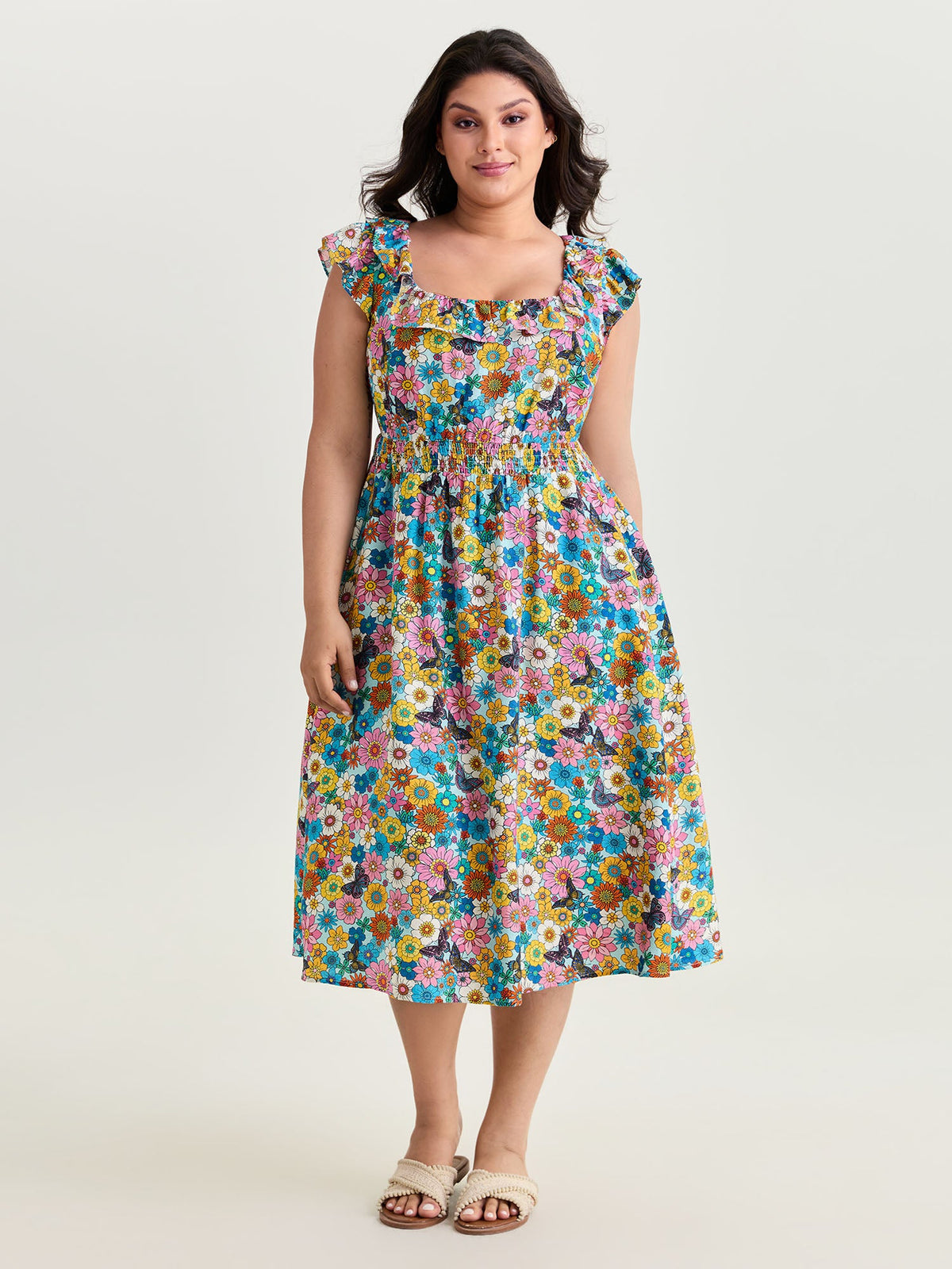 Playful Floral Print Ruffled Straps Midi Dress