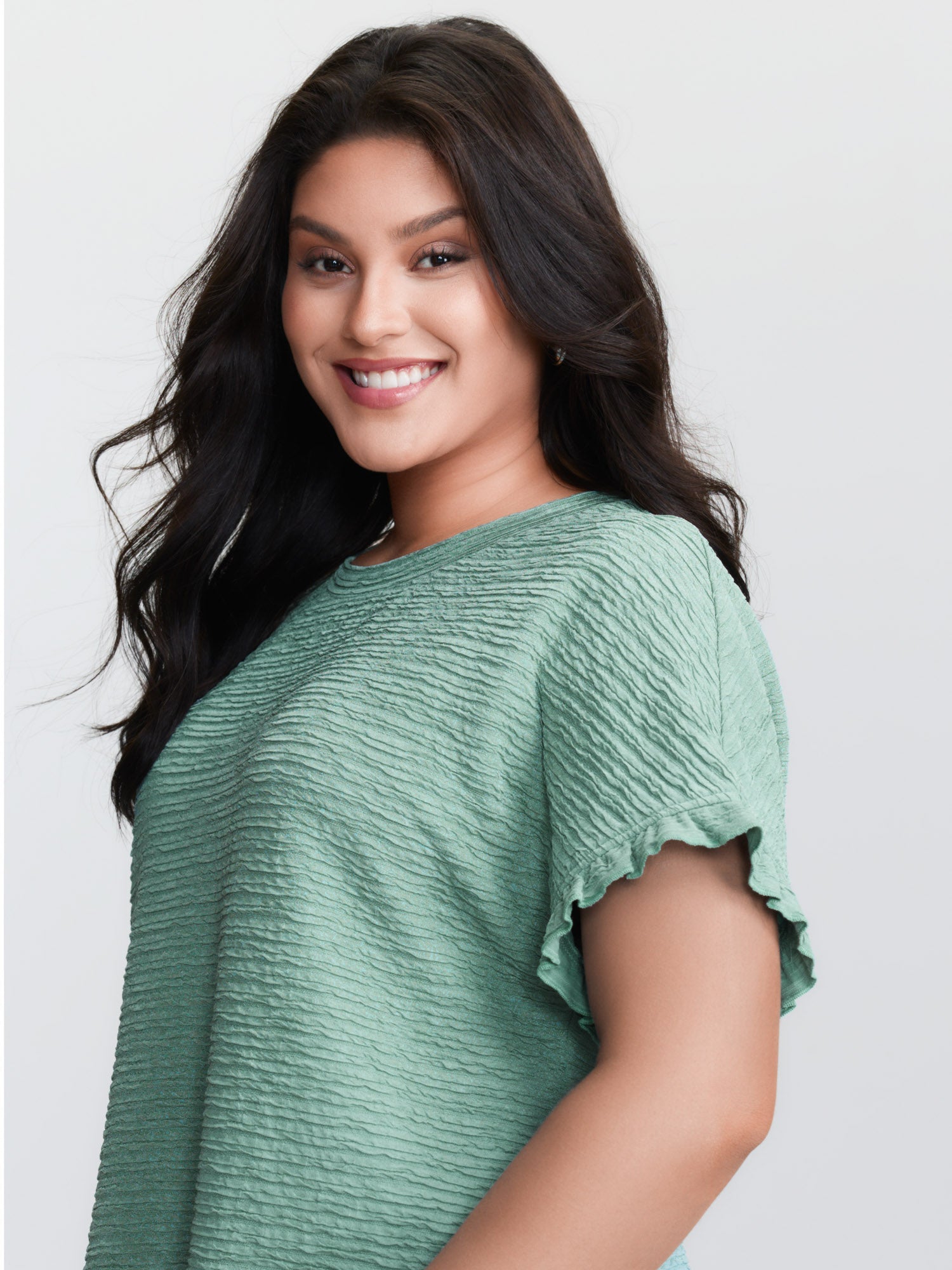 Textured Ruffled Sleeve Detail Plain T-Shirt