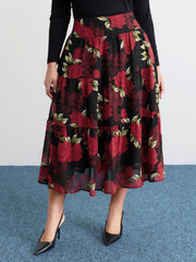 Large Flower Print Wide Waistband Midi Skirt