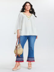 Star Moon Embroidered Neckline Flared Blouse