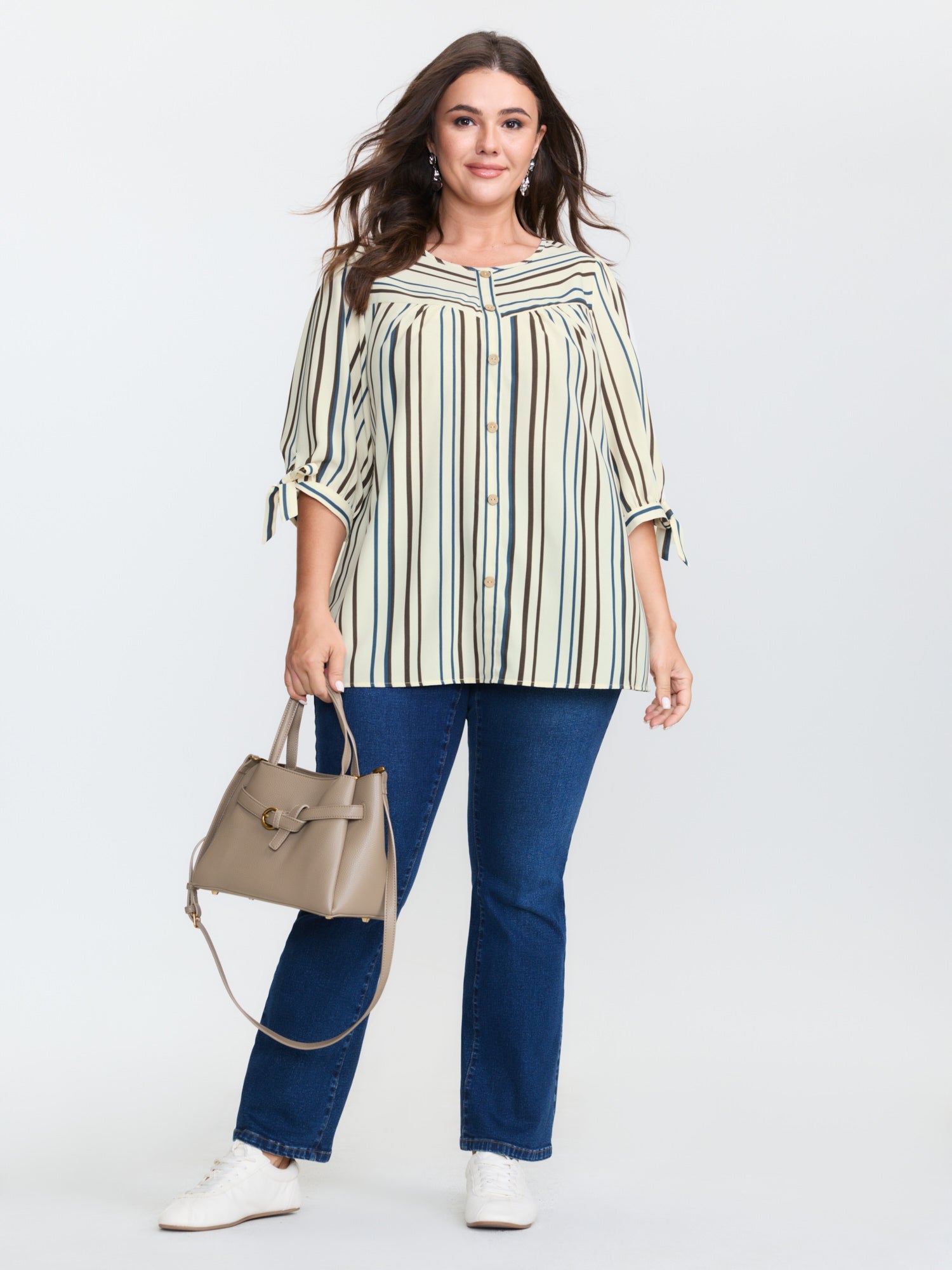 Striped Three-Quarter Sleeve Button-Down Blouse