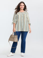 Striped Three-Quarter Sleeve Button-Down Blouse