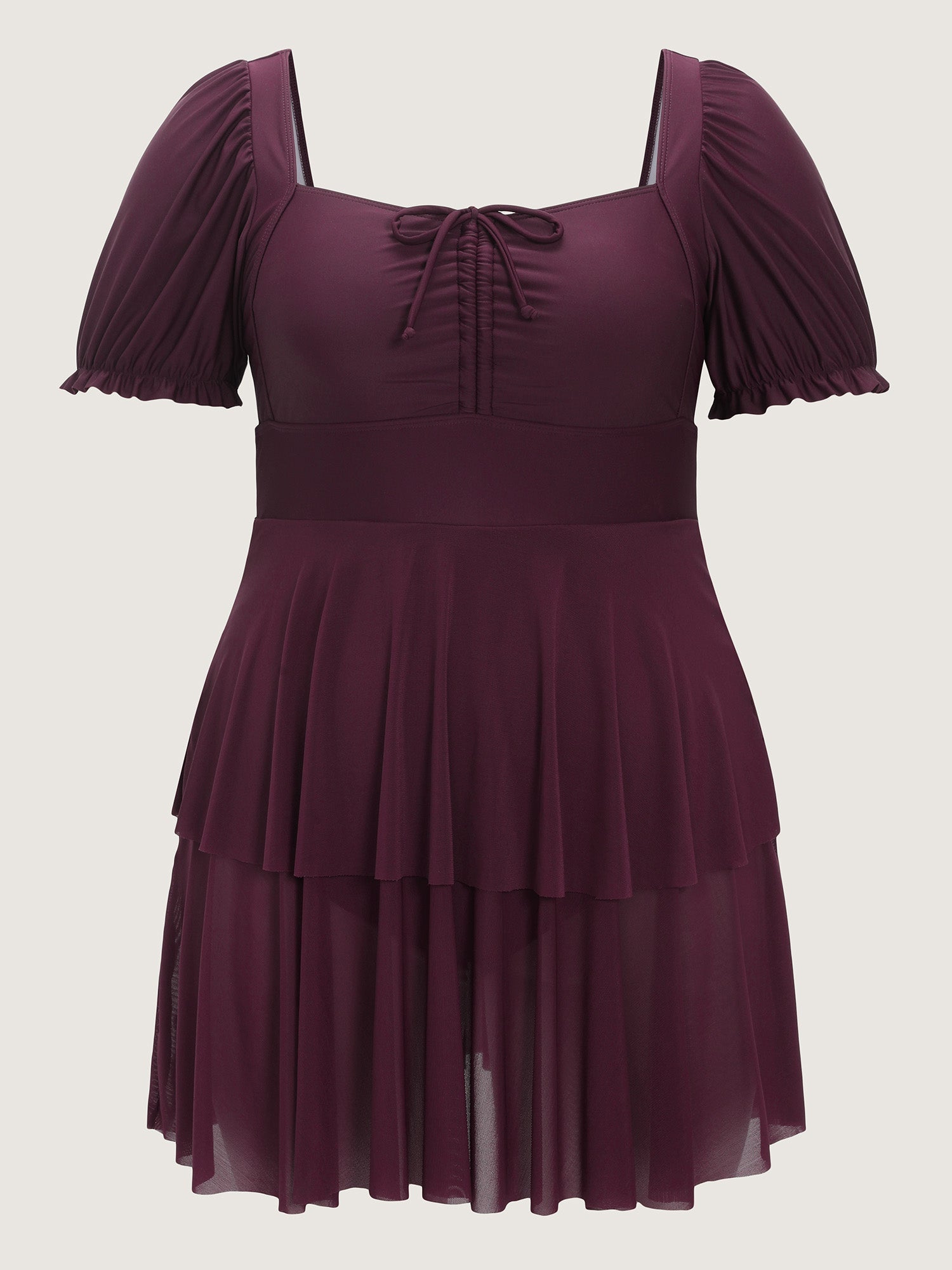 Sheer Ruched Bodice Tiered Swim Dress
