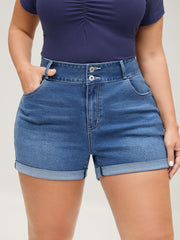 High-Rise Folded Hem Skinny-Fit Denim Shorts