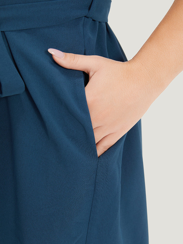 Plain Pocket Belted Pleated Raglan Sleeve Dress
