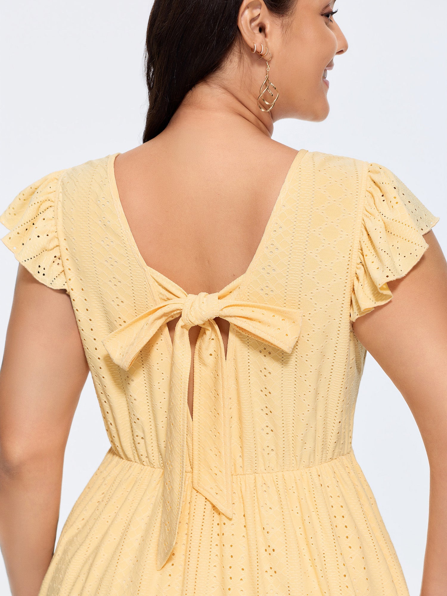 Textured Bow-Back Detail Flowy Midi Dress