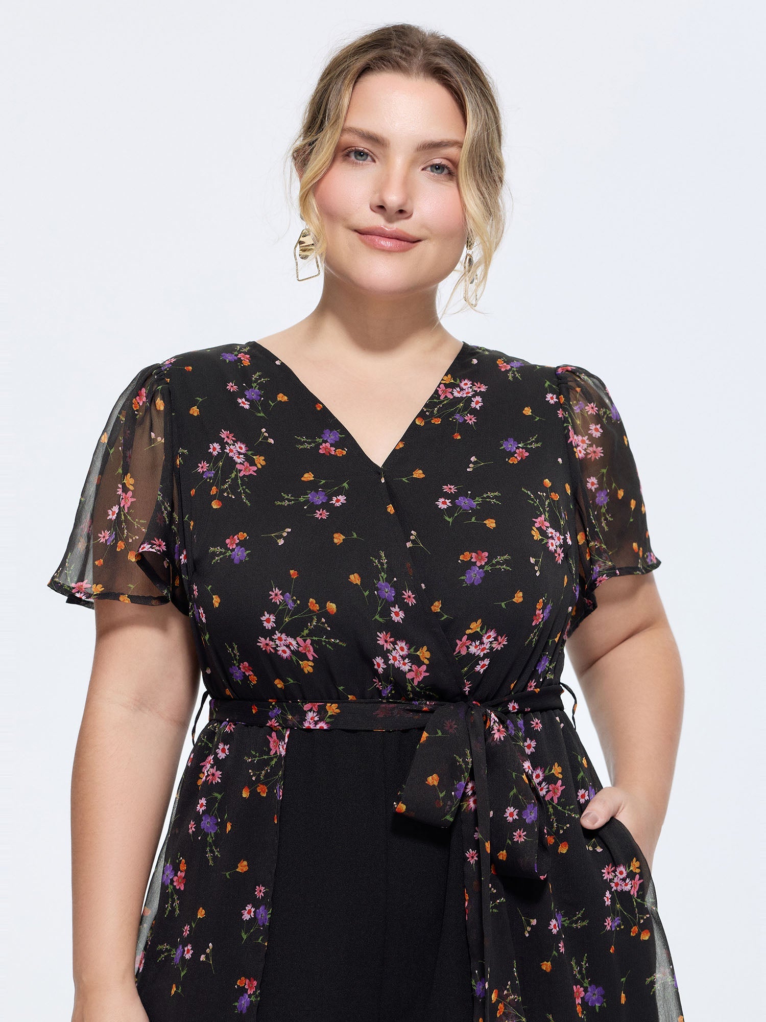 Ditsy Floral Print Wrap Tie Overlay Jumpsuit