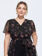 Ditsy Floral Print Wrap Tie Overlay Jumpsuit