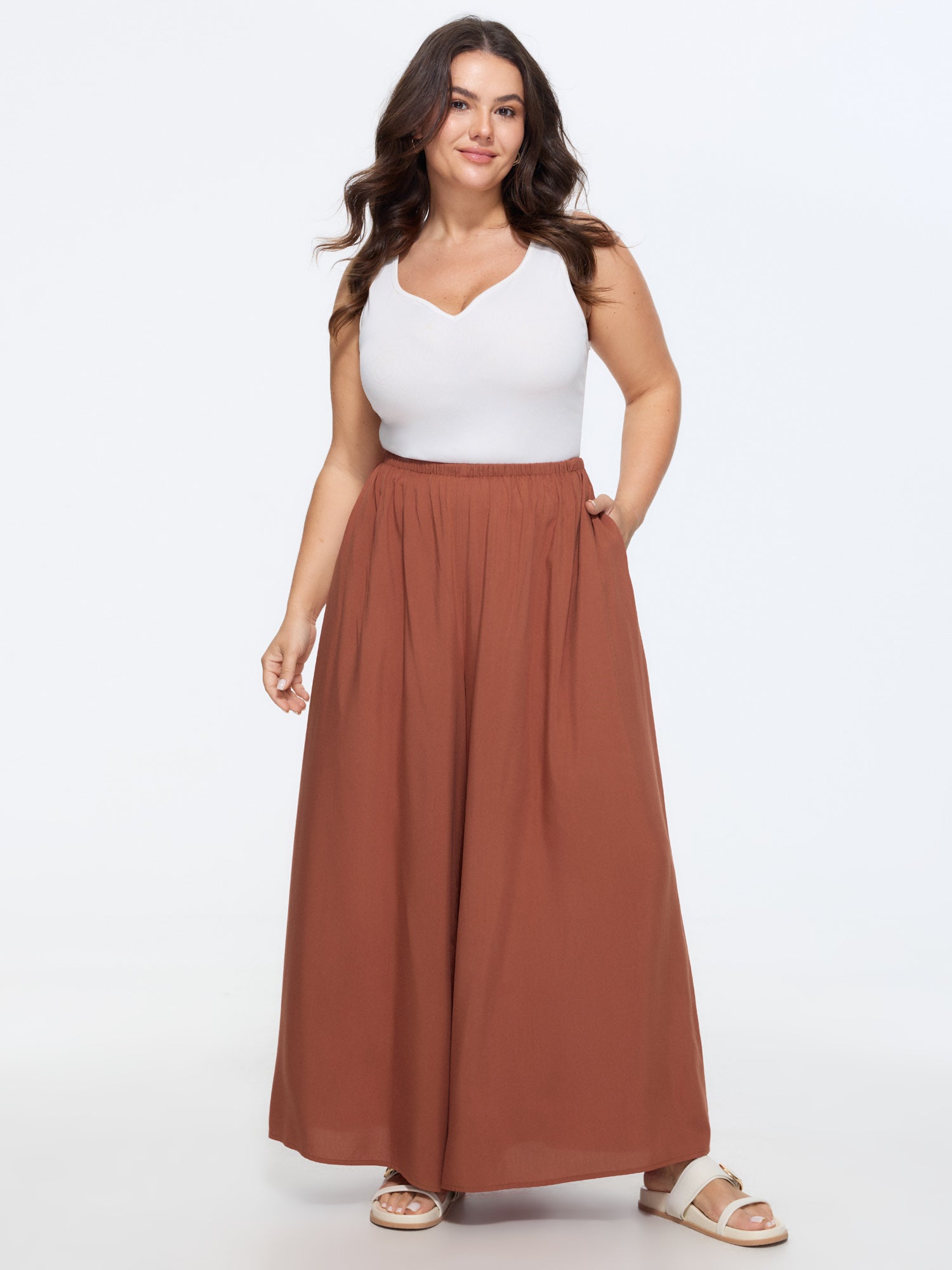 Shirred Waist Plain Flowy Wide-Leg Pants