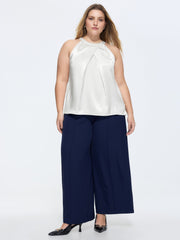 Satin Halter Neckline Overlap Pleats Tank Top
