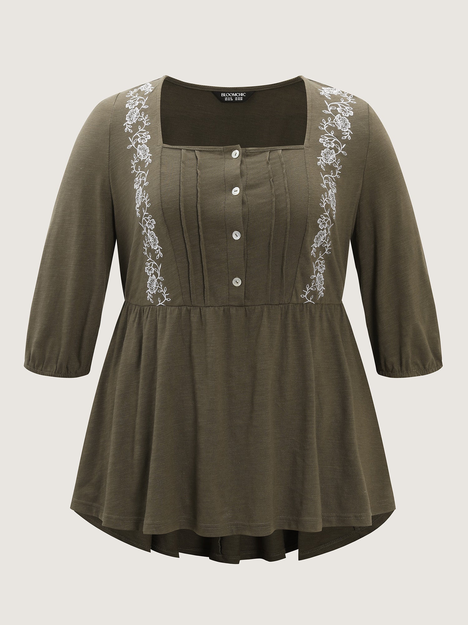 Floral Embroidered Square Neckline Button Top