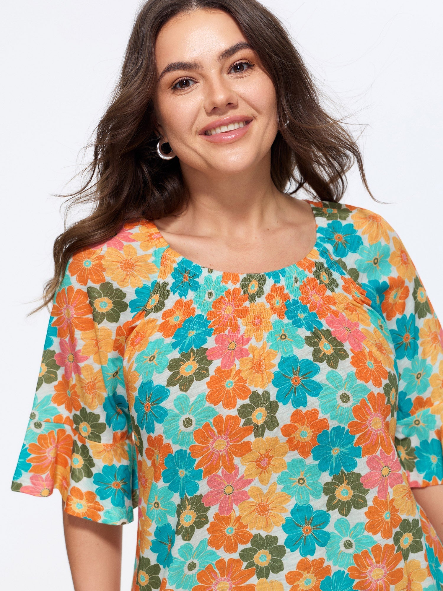 Cotton Floral Print Ruffle Mid Sleeve Top
