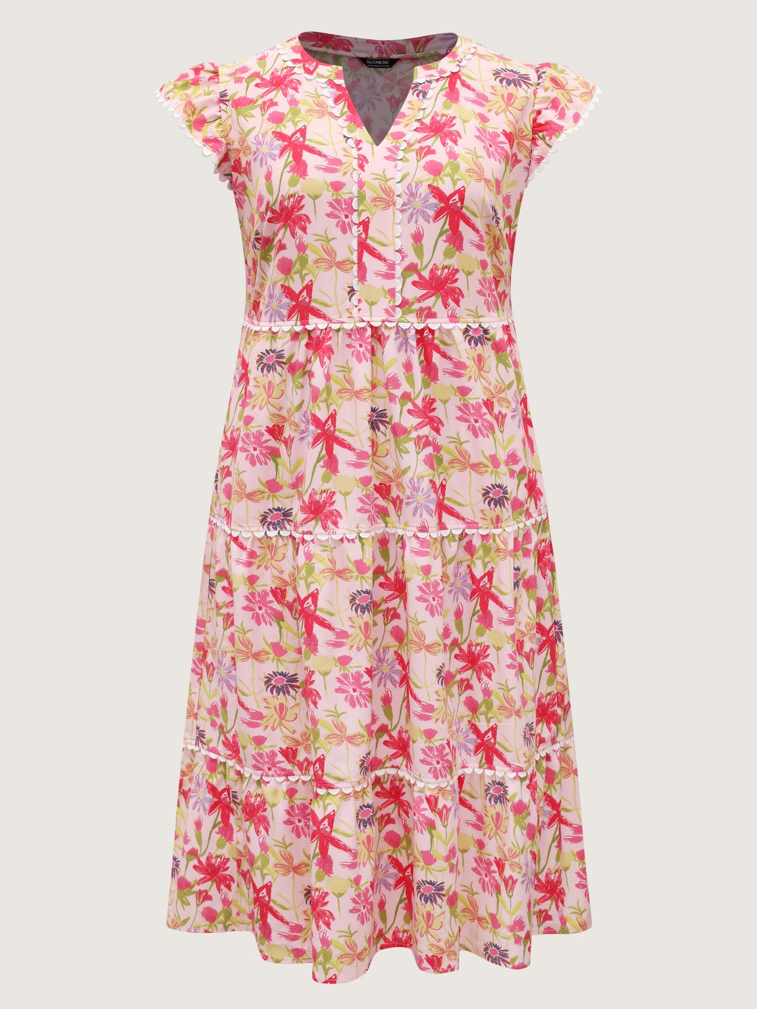 Floral Color Block Lace Trim Midi Dress