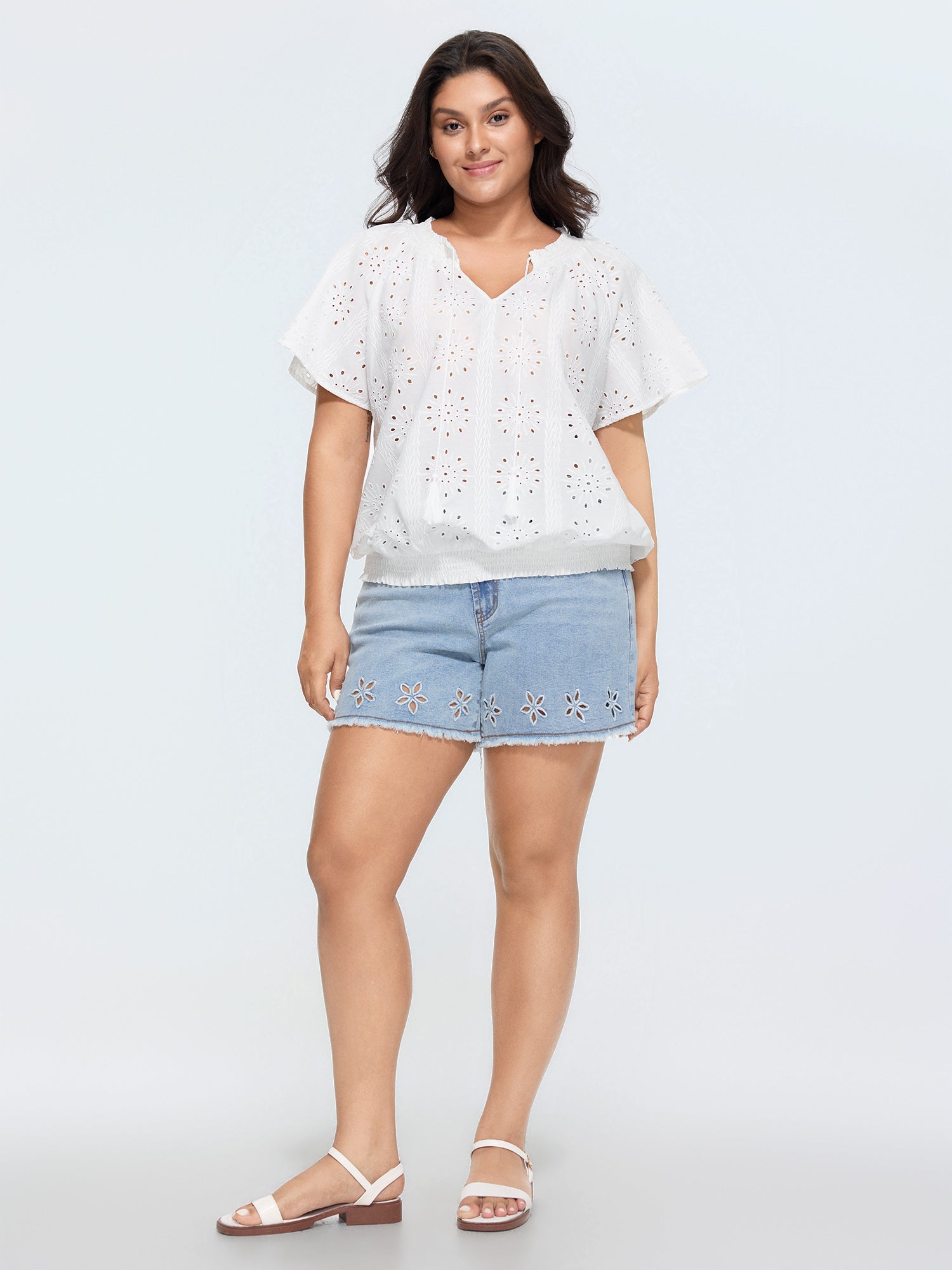 Eyelet Textured Shirred Hem Blouse