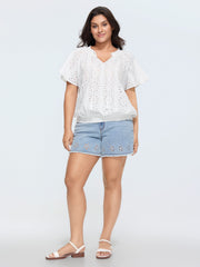 Eyelet Textured Shirred Hem Blouse