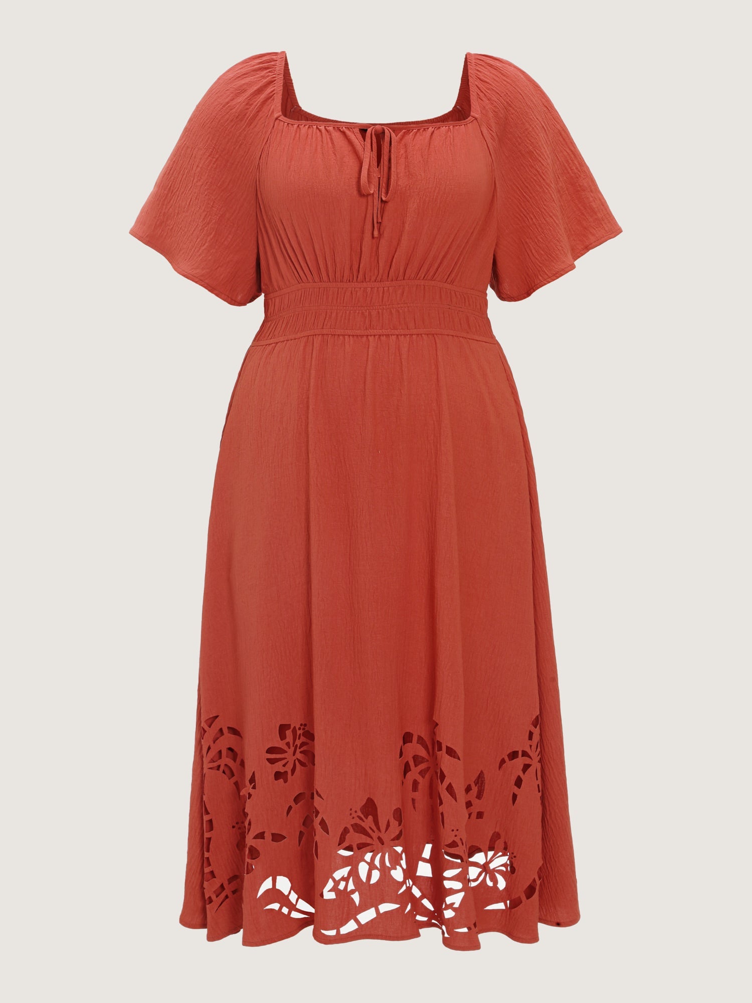 Tropical Laser Cut Hem Drawstring Midi Dress