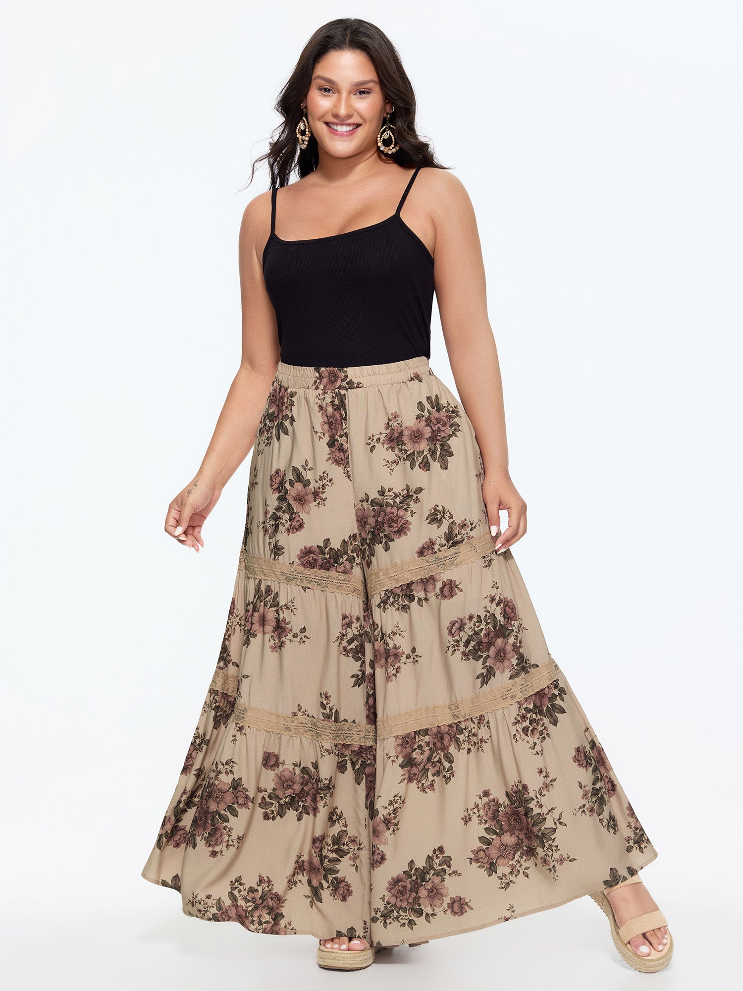 Floral Print Tiered Lace Trim Pants