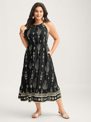Boho Print Halter Neck Pockets Midi Dress