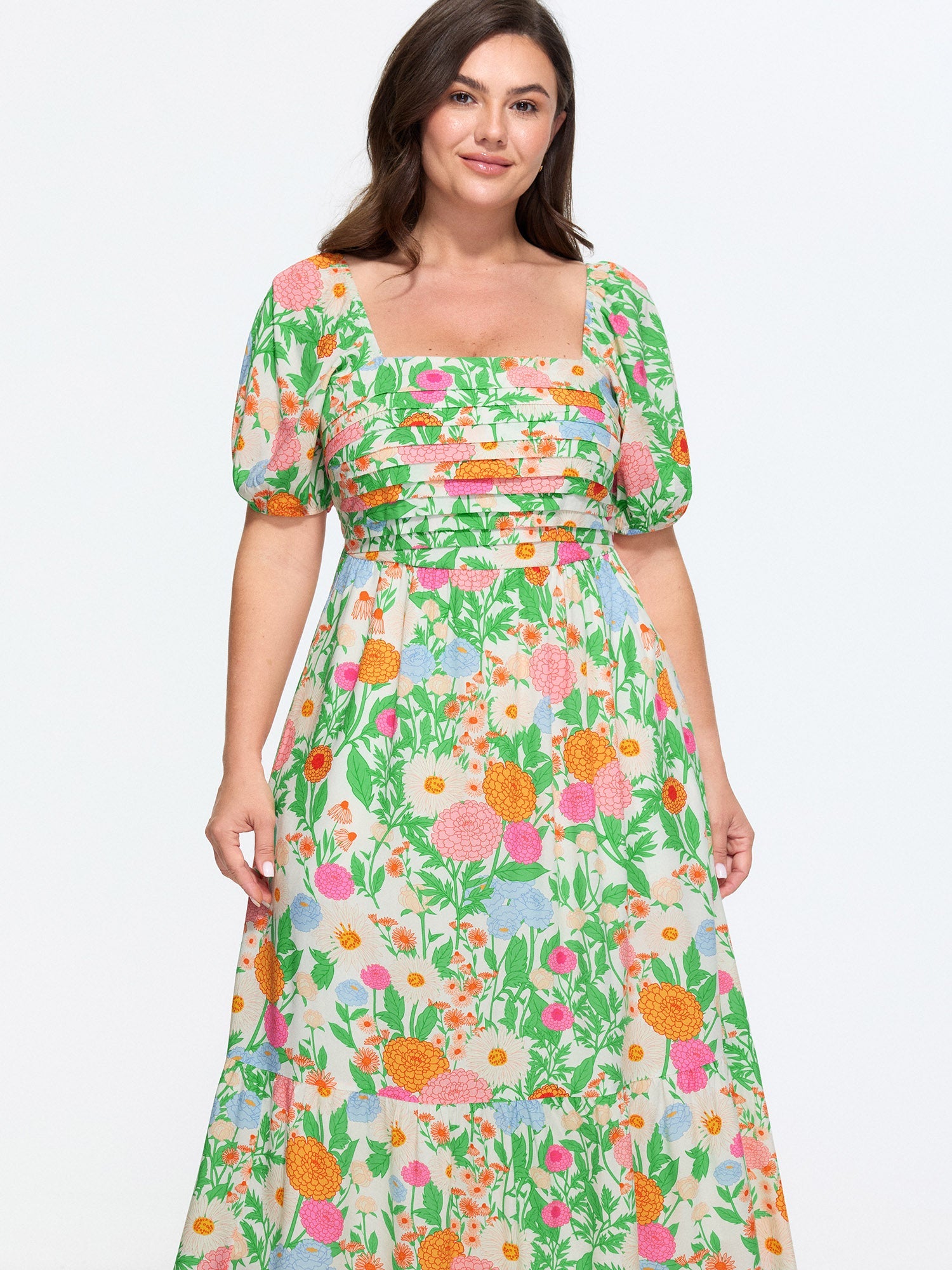 Floral Print Pleated Square Neckline Midi Dress
