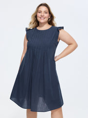 Cotton Flutter Sleeve Toothpick Pleat Mini Dress
