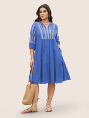 Cotton Geometric Bandana Print Tassel Trim Dress