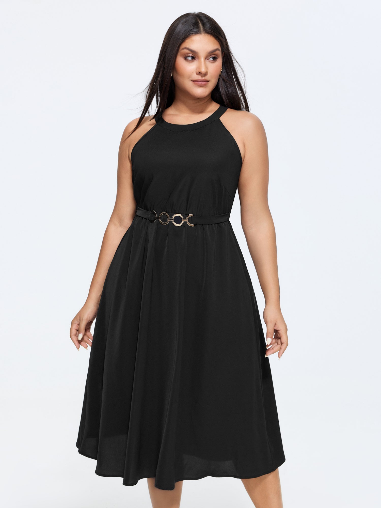 Halter Neckline Waist-Buckle Midi Dress