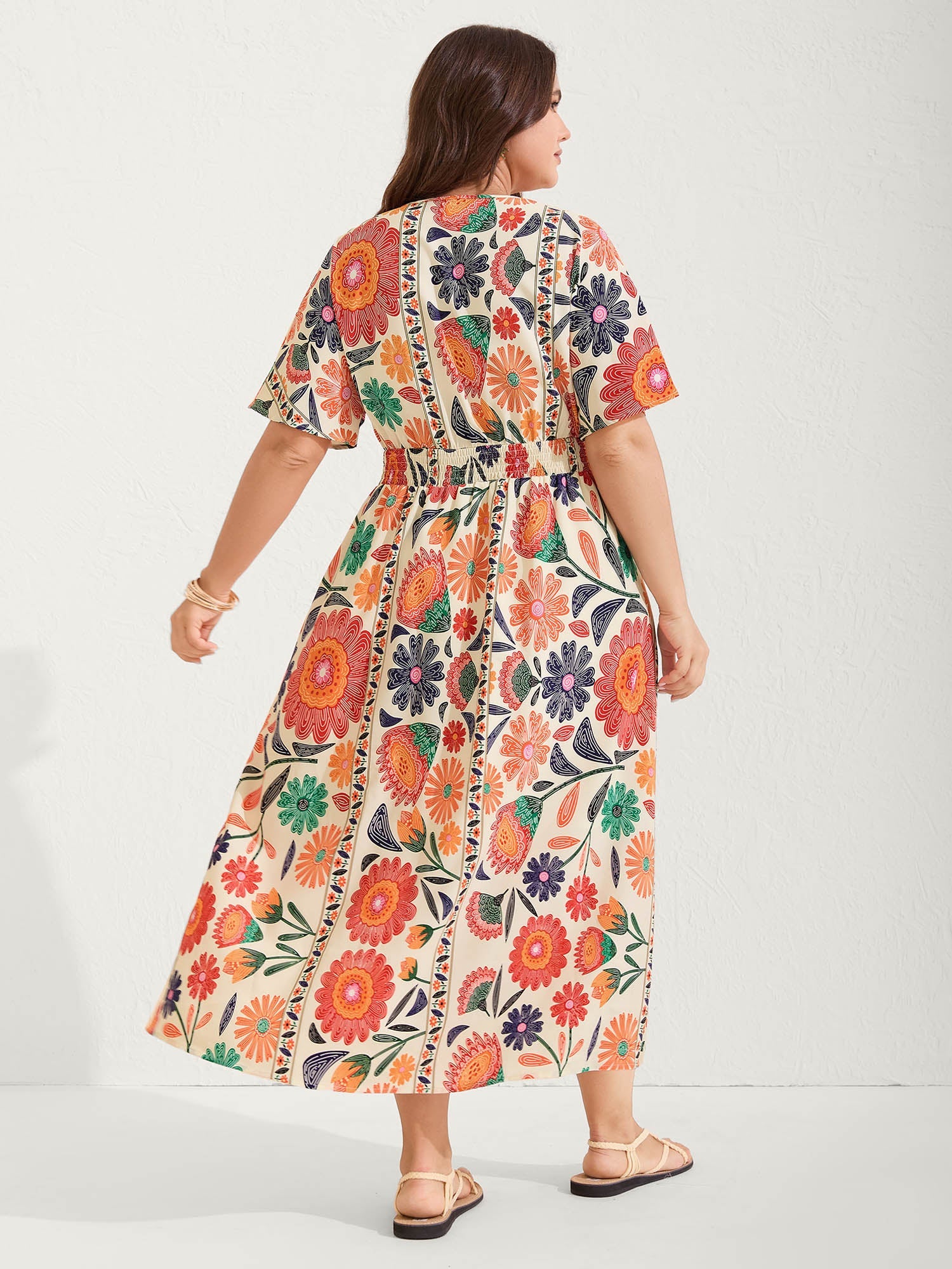 Floral Print Gathered Waist Pleated Maxi Dress