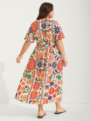 Floral Print Gathered Waist Pleated Maxi Dress